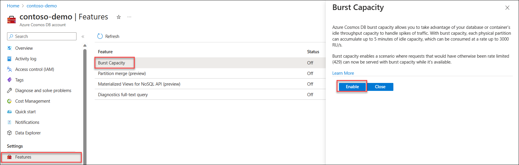 Azure Cosmos DB アカウントの [機能] ページにあるバースト容量機能のスクリーンショット。