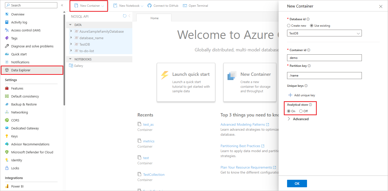 Azure Cosmos DB コンテナーの分析ストアを有効にする