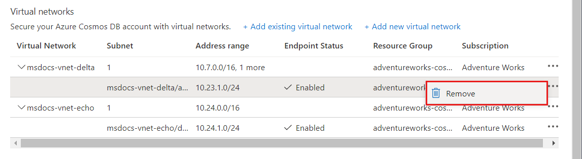 関連付けられている Azure 仮想ネットワーク を削除するためのメニュー オプションのスクリーンショット。