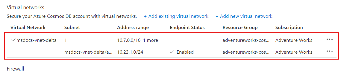 正しく構成された Azure Virtual Network とサブネットが一覧表示される画面のスクリーンショット。