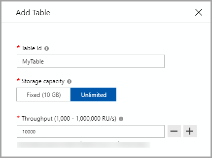 Table 用 API の [テーブルの追加] ダイアログ ボックスのスクリーンショット