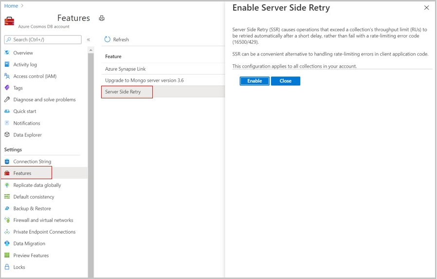 Azure Cosmos DB for MongoDB のサーバー側の再試行機能のスクリーンショット