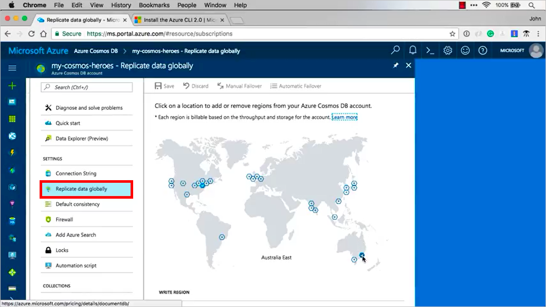 [データをグローバルにレプリケートする] が選択されている Azure Cosmos DB の DB アカウントを示すスクリーンショット。