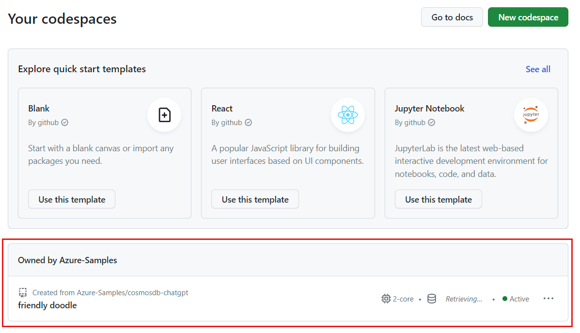 状態とテンプレートを含む全ての実行中の codespace のスクリーンショット。