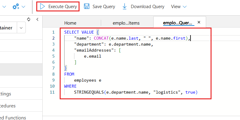 データ エクスプローラー内の NoSQL クエリ テキストを示すスクリーンショット。