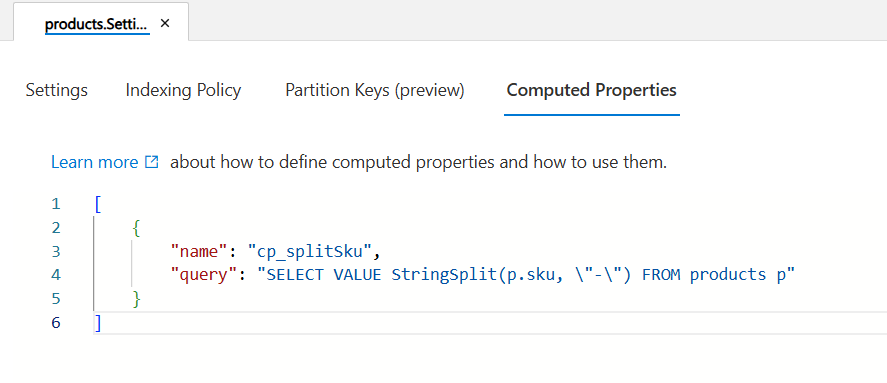 データ エクスプローラー インターフェイスの計算プロパティ JSON エディターのスクリーンショット。