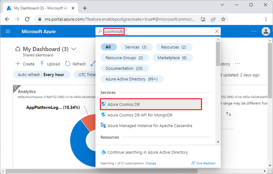 cosmosdb の検索を示すスクリーンショット。