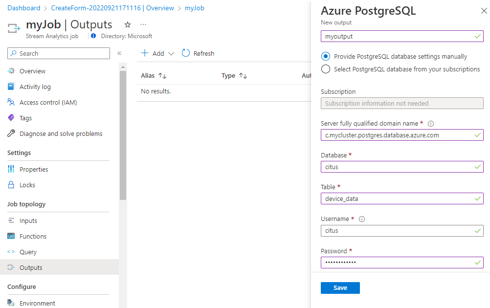 Azure Stream Analytics でジョブ出力を構成する。