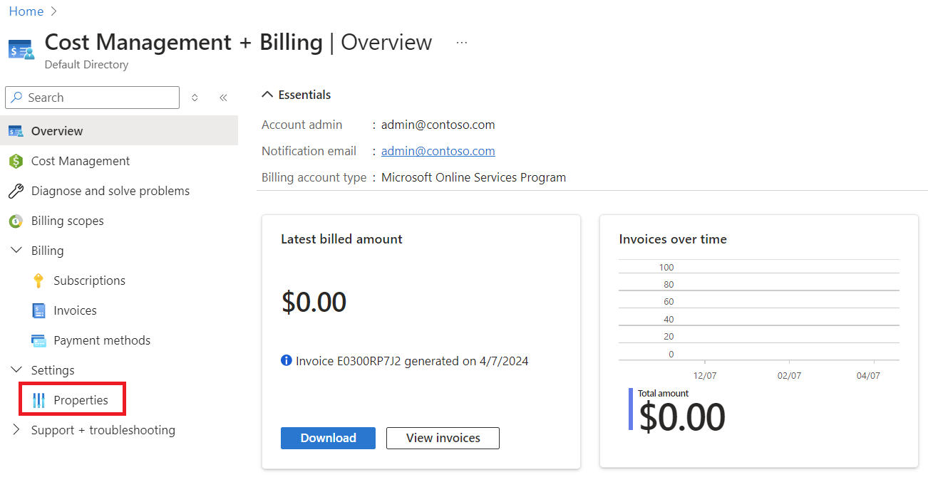 MOSP 課金アカウントのプロパティを示すスクリーンショット。