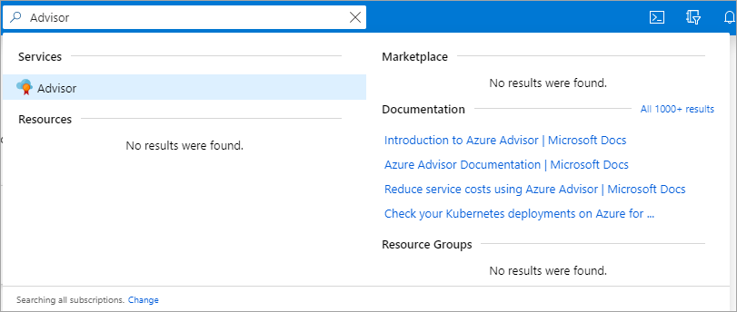 Azure portal の [Azure Advisor] ボタンのスクリーンショット。