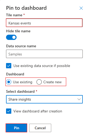 Azure Data Explorer Web UI でダッシュボードにビジュアルをピン留めするためのダイアログのスクリーンショット。