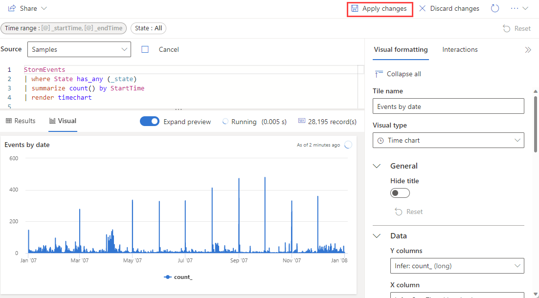 Azure Data Explorer Web UI でダッシュボード タイルへの変更を保存する方法のスクリーンショット。