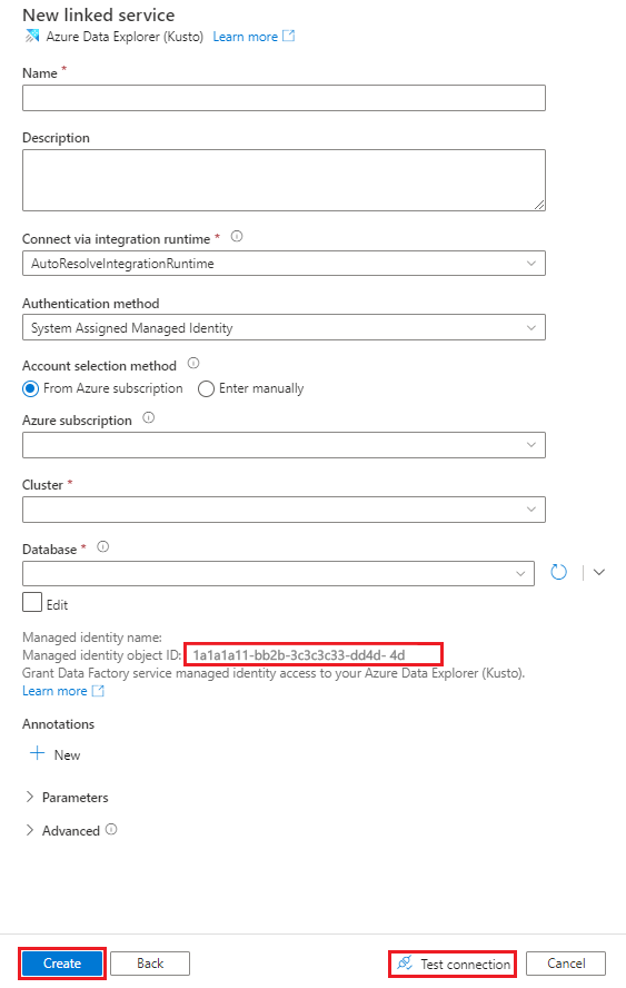 Azure Data Explorer の [New Linked Service]\(新しいリンクされたサービス\) ウィンドウ。