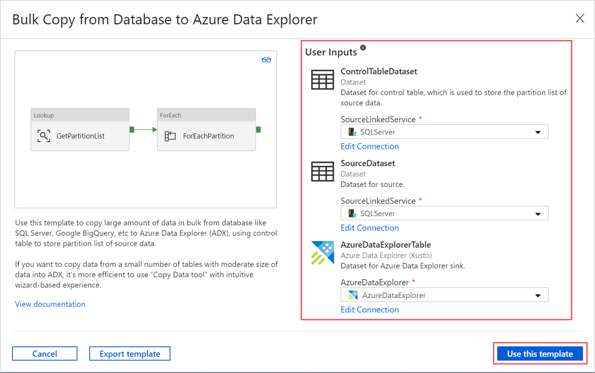 [データベースから Azure Data Explorer への一括コピー] ウィンドウ