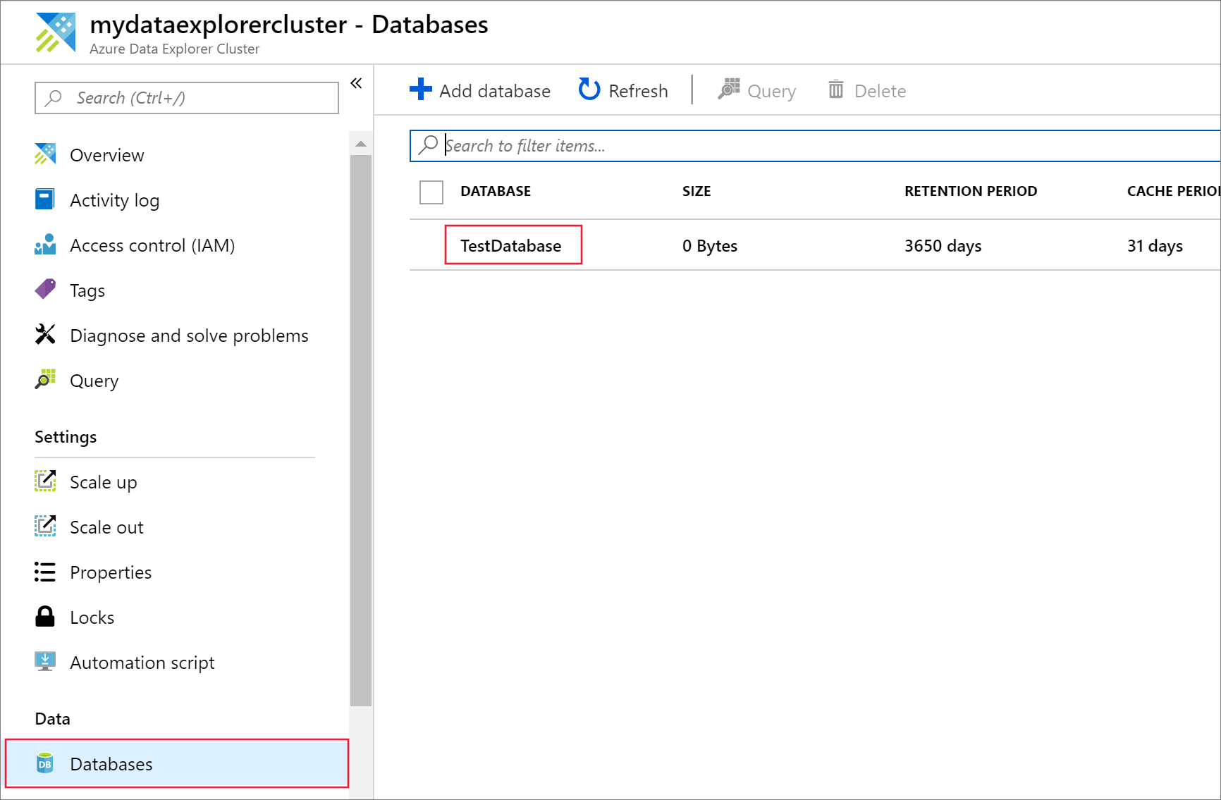 テスト データベース項目が選択されている Azure Data Explorer Web UI の左側のメニューのスクリーンショット。