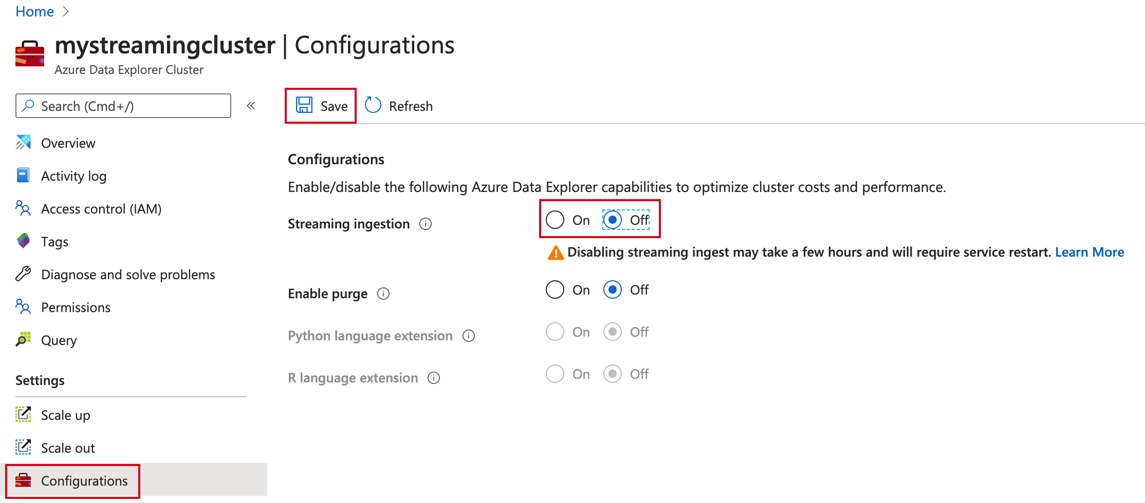 Azure Data Explorer でストリーミング インジェストを無効にする。