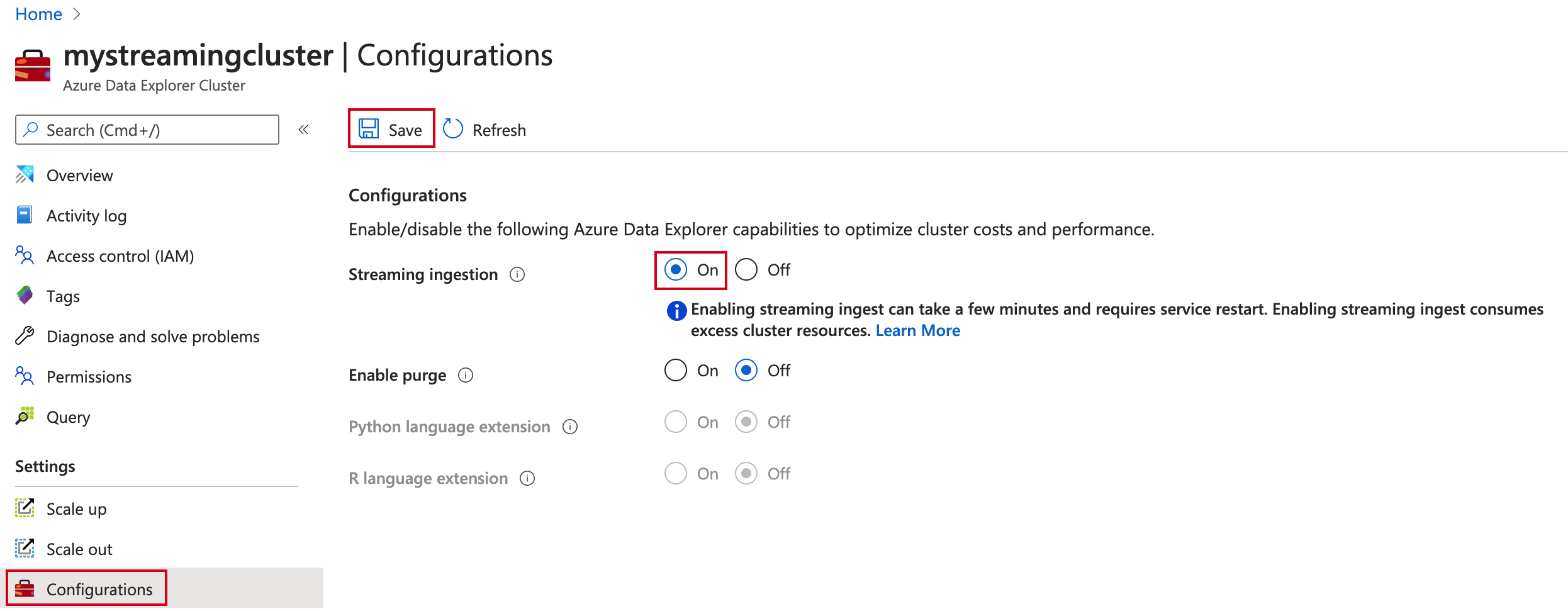 Azure Data Explorer でストリーミング インジェストを有効にする。