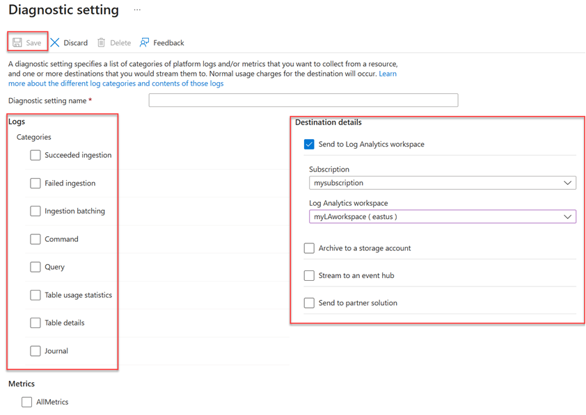 [診断設定] 画面のスクリーンショット。Azure Data Explorer クラスターに関するどの監視データを収集するかをここで構成します。