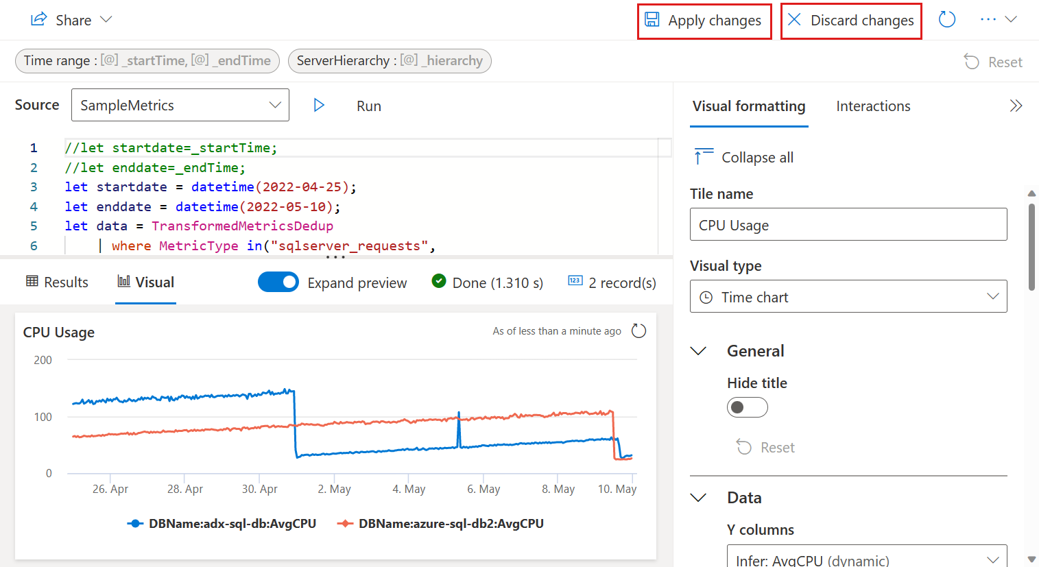 変更を適用または破棄するオプションを含む [CPU 使用率] タイル編集ウィンドウのスクリーンショット。