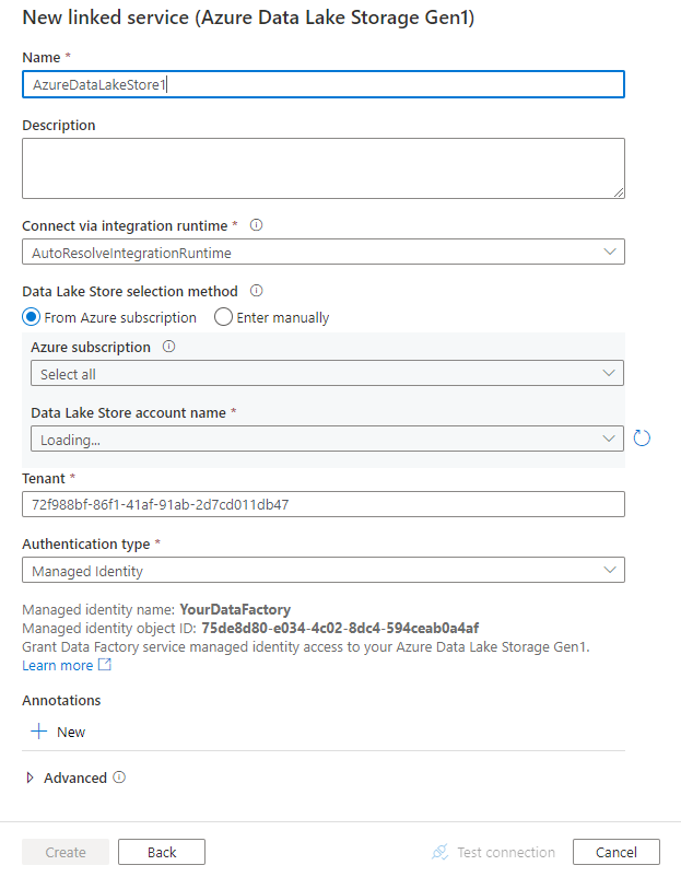 Azure Data Lake Storage Gen1 へのリンク サービス構成のスクリーンショット。