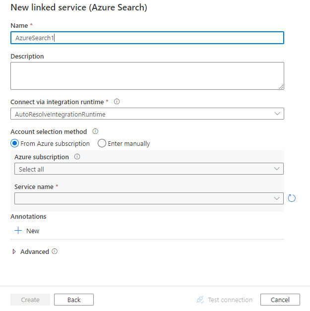 Azure Search のリンク サービスを構成します。