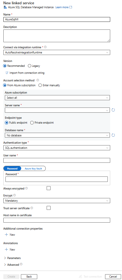 SQL Managed Instance のリンク サービスの構成のスクリーンショット。