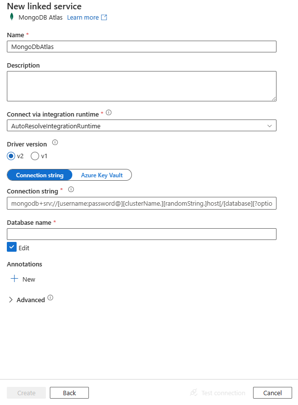 MongoDB Atlas へのリンク サービスを構成します。