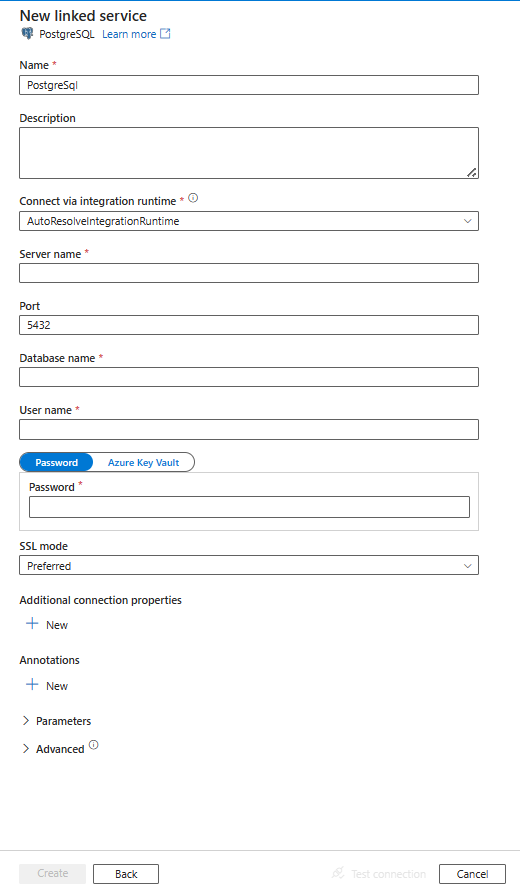 PostgreSQL のリンク サービスを構成します。