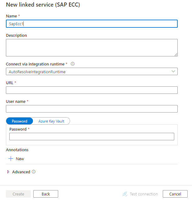 SAP ECC のリンク サービスの構成のスクリーンショット。