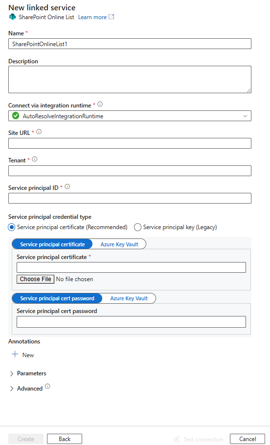 SharePoint Online リストのリンク サービス構成のスクリーンショット。