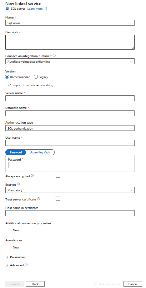 SQL Server のリンク サービスの構成のスクリーンショット。