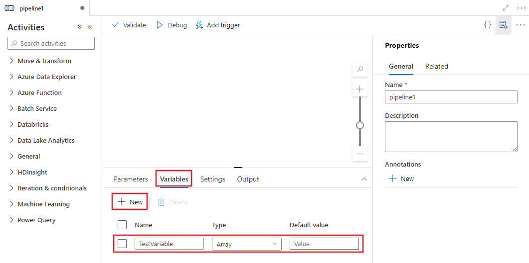 [変数] タブが選ばれ、TestVariable という配列型変数がある空のパイプライン キャンバスを示しています。