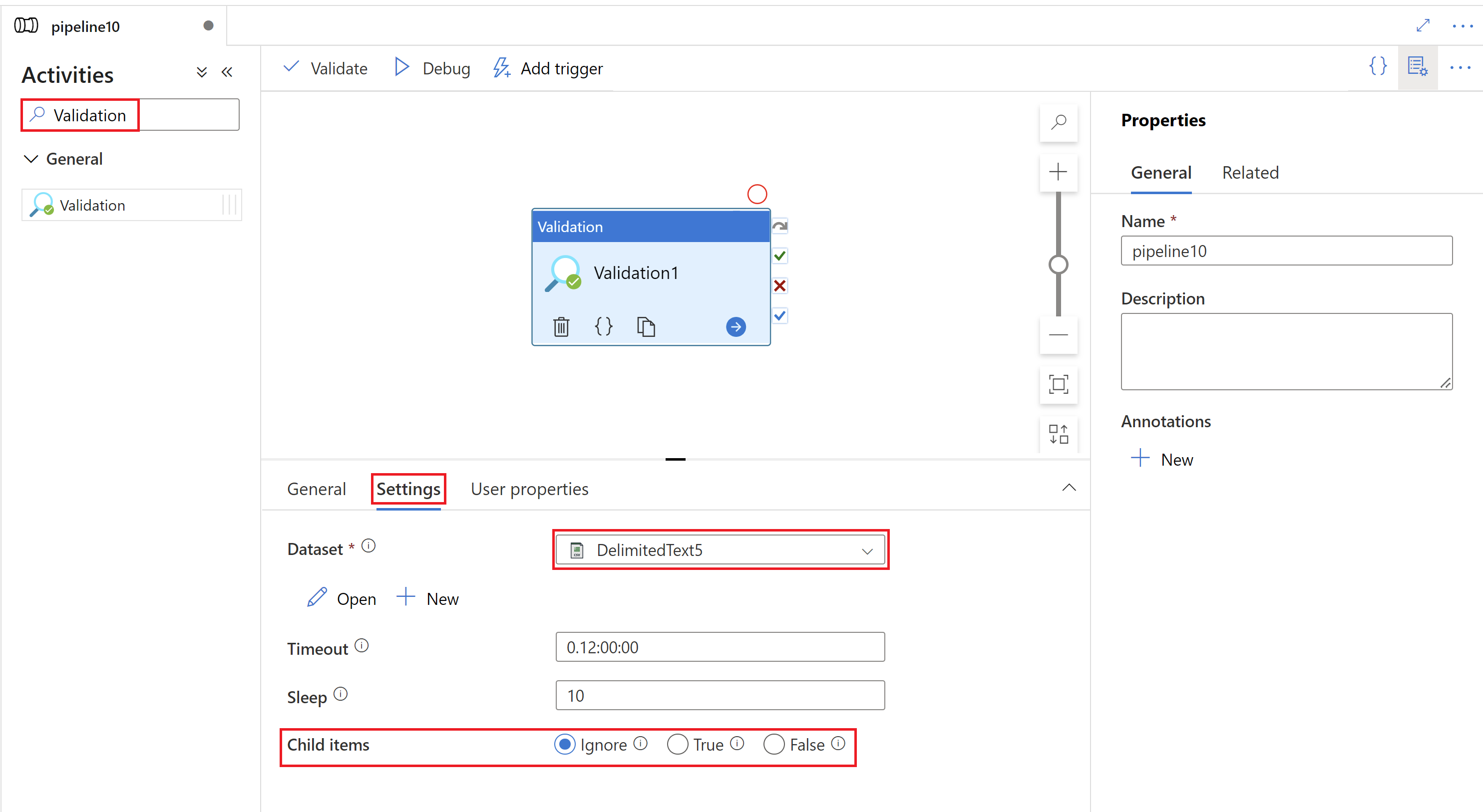 Validation アクティビティの UI を示すスクリーンショット。