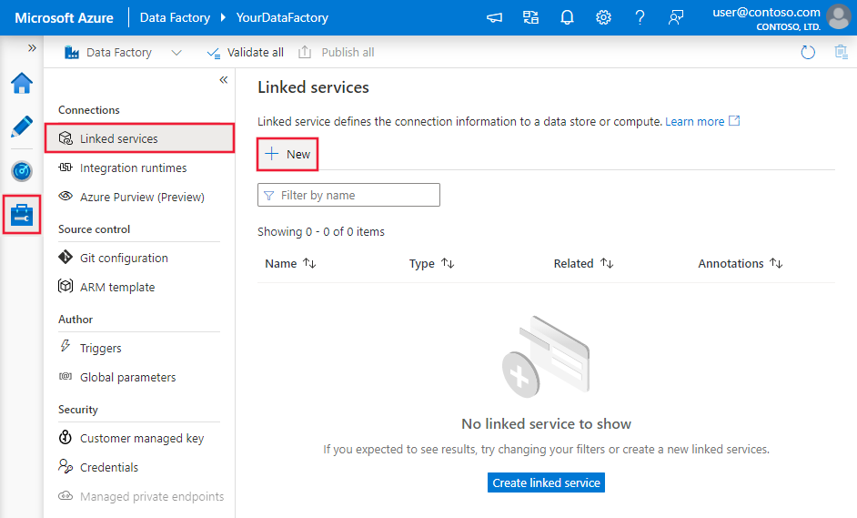 Azure Data Factory の UI を使用した新しいリンク サービスの作成を示すスクリーンショット。