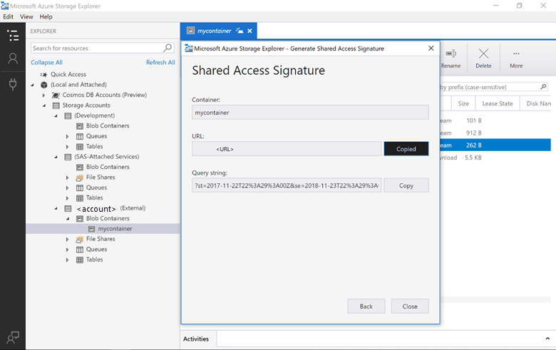 Shared Access Signature をコピーして保存する