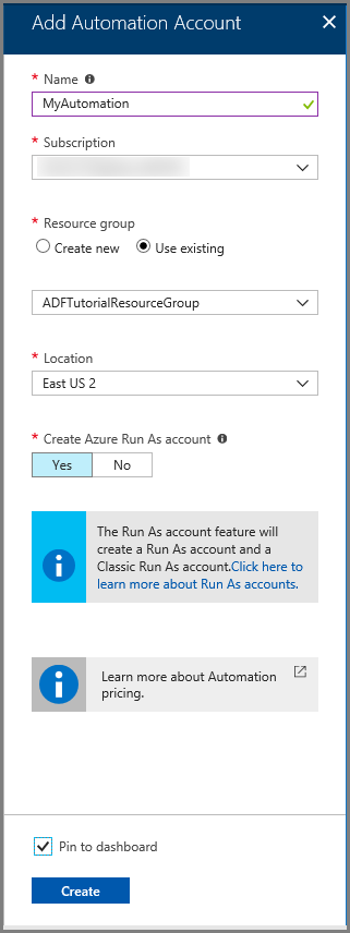 Azure Automation アカウントを追加するための選択を示すスクリーンショット。