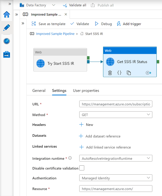 Get SSIS IR Status Web アクティビティの設定を示すスクリーンショット。