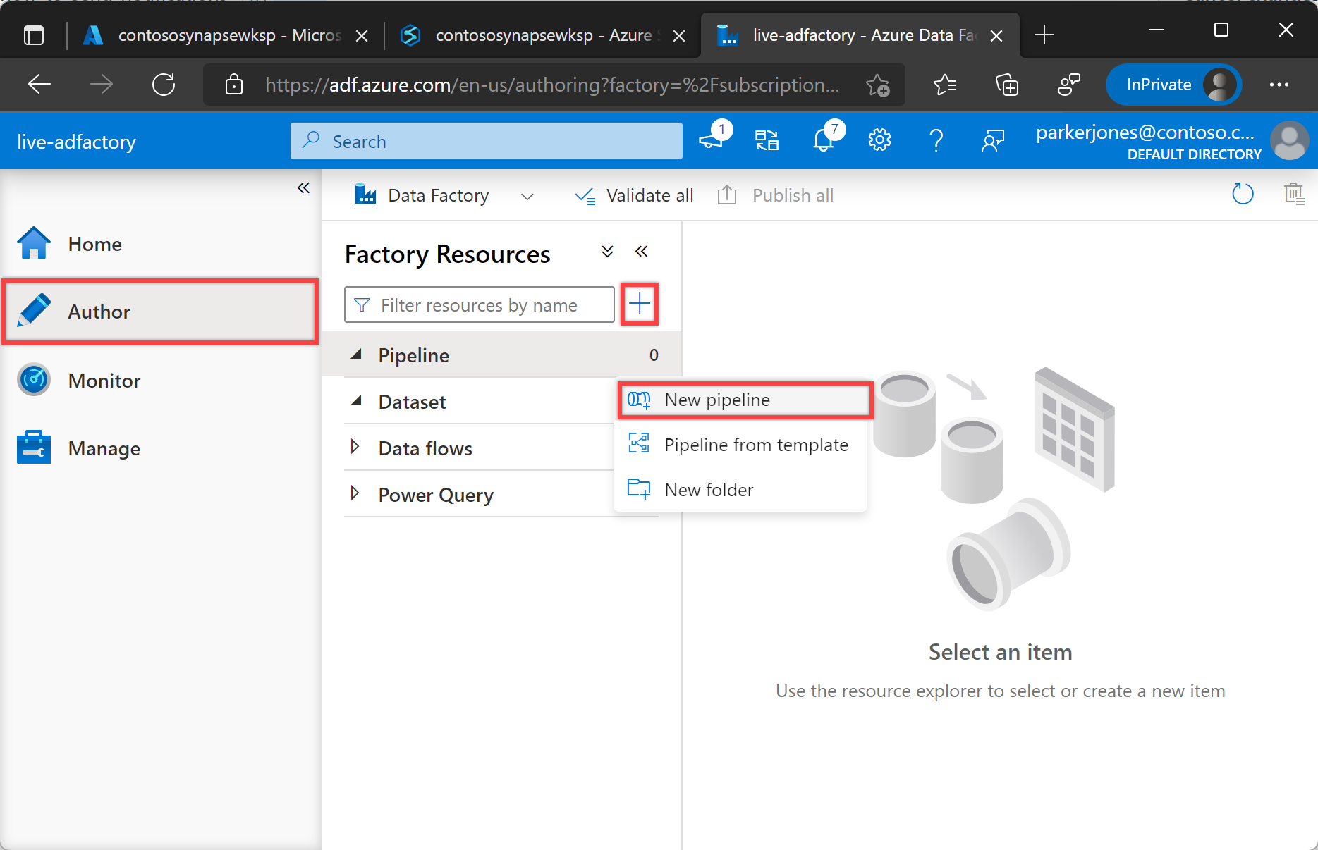 Azure Data Factory Studio の [新しいパイプライン] メニューを示しています。