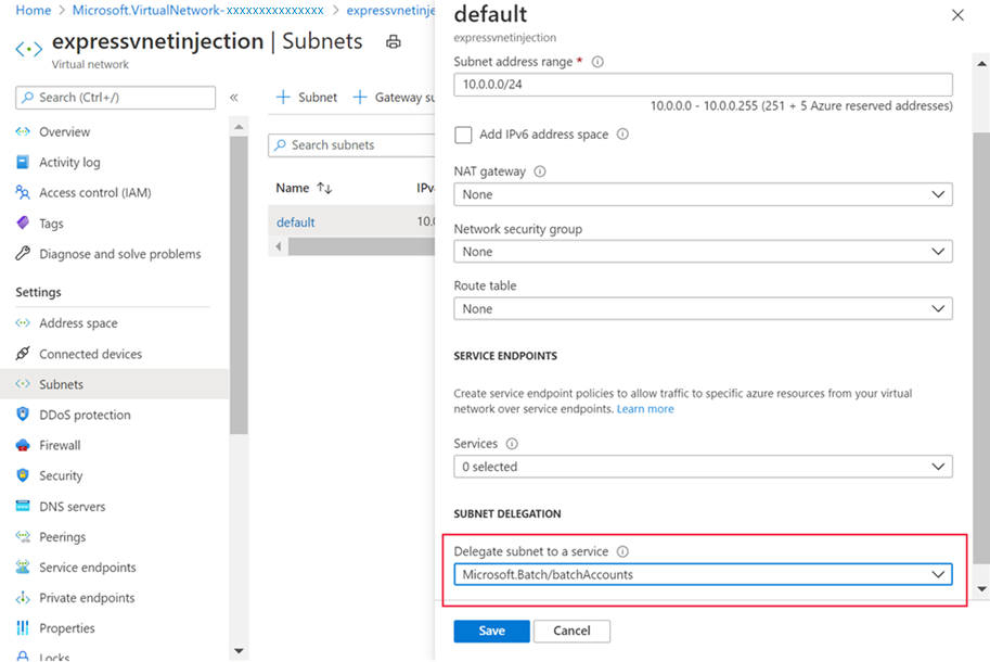 サブネットを Azure Batch に委任する