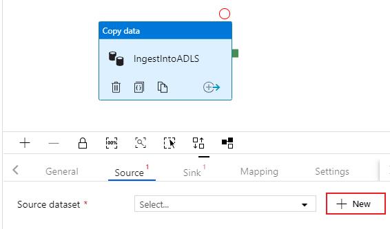 [データのコピー] ソース オプションでの新しいデータセットの作成を示す Azure portal のスクリーンショット。