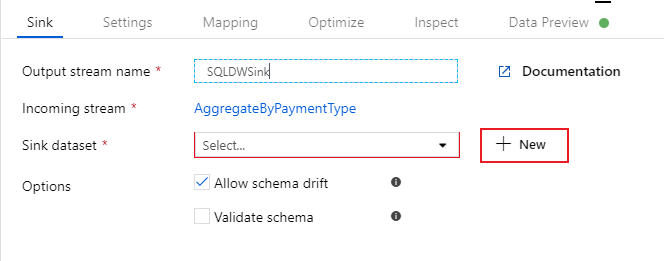 シンク設定の新しいシンク データセット ボタンを示す Azure portal のスクリーンショット。