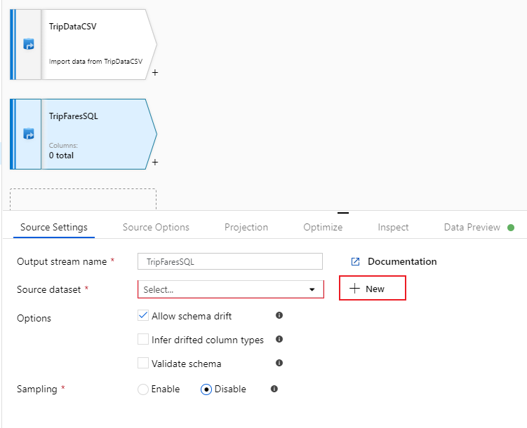 データ フローの別のデータのコピー ステップの新しいソース データセットを示す Azure portal のスクリーンショット。