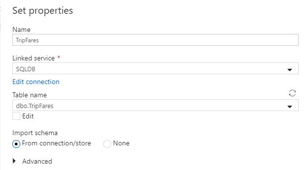 新しい Azure SQL Database データセットをデータ フローに追加するプロパティを示す Azure portal のスクリーンショット。