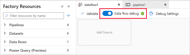 [ファクトリ リソース] ページを示す Azure portal のスクリーンショット。[データ フローのデバッグ] ボタンが有効になっています。