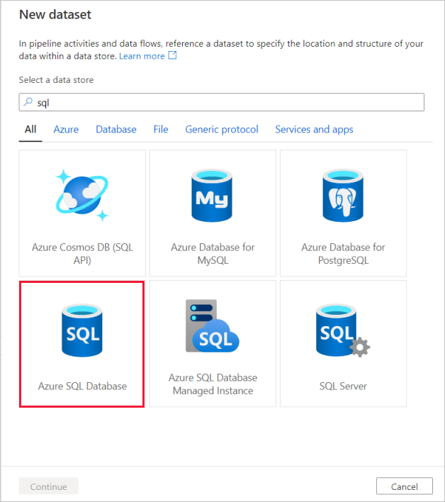 Azure SQL Database の新しいデータセットの作成を示す Azure portal のスクリーンショット。