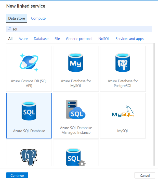 新しい Azure SQL Database リンク サービスの作成を示す Azure portal のスクリーンショット。