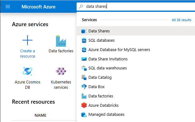 Azure portal 検索バーでのデータ共有の検索を示す Azure portal のスクリーンショット。