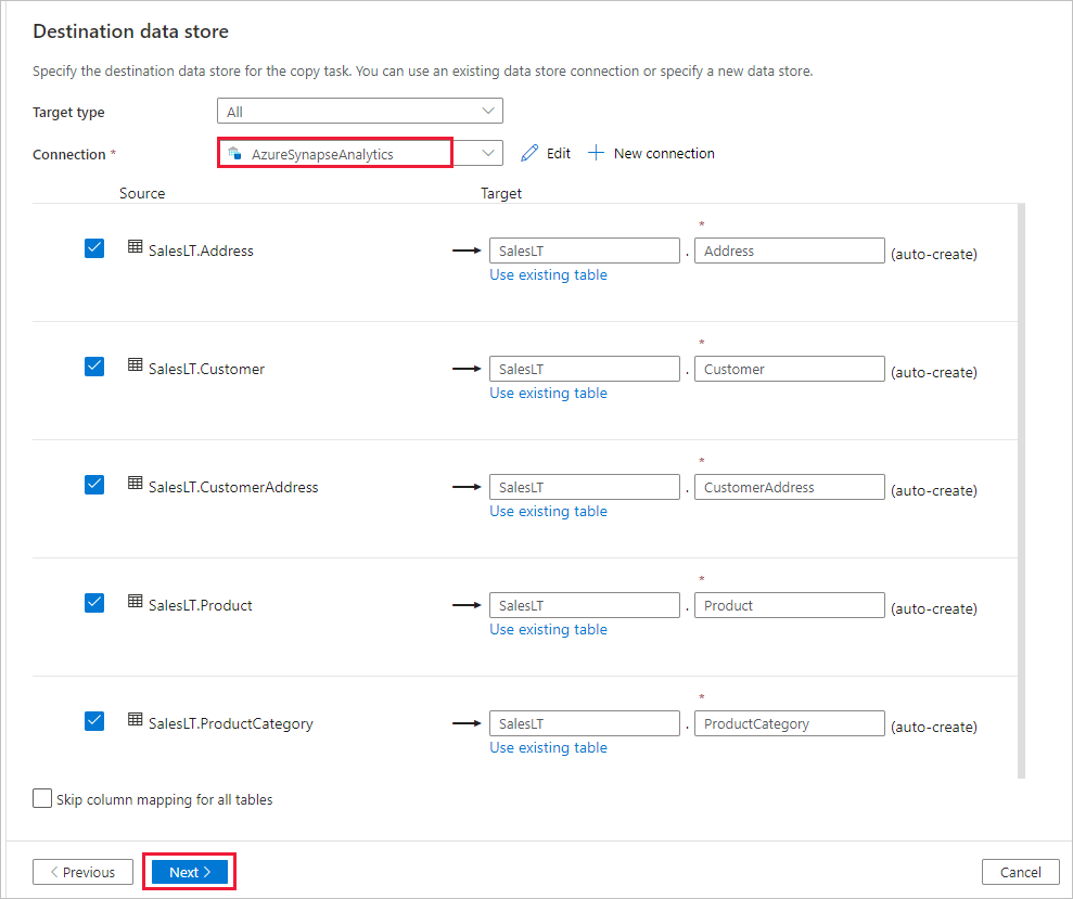 [Destination data store]\(コピー先データ ストア\) ページの構成を示すスクリーンショット。