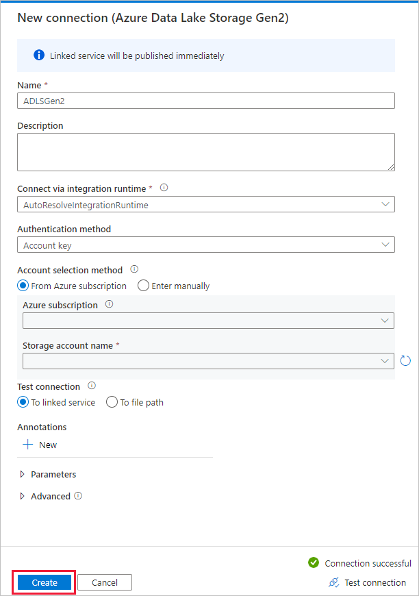 ADLS Gen2 のリンクされたサービス ページを作成する