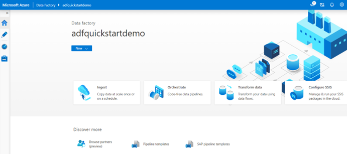 Azure Data Factory Studio のホーム ページのスクリーンショットを示します。